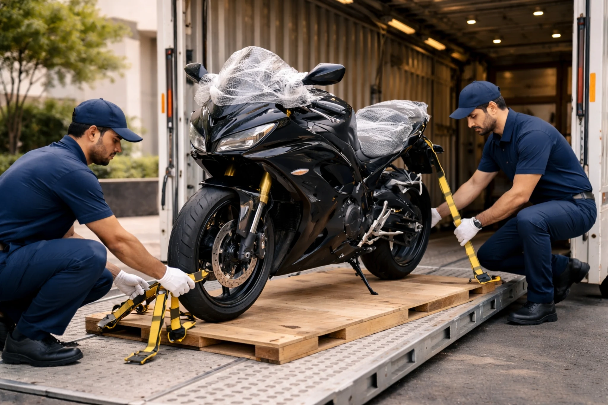 Bike shifting team securing a motorcycle for careful transport