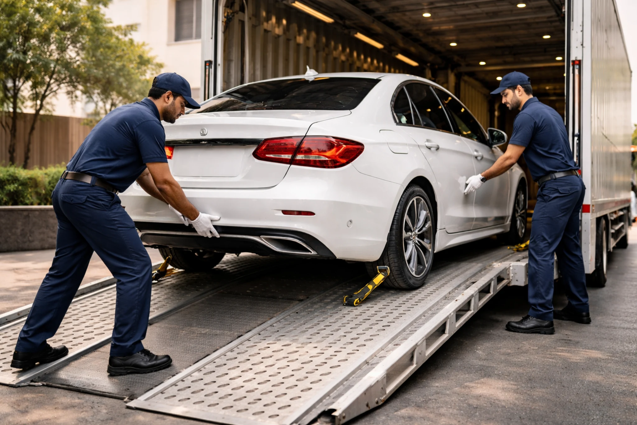Car shifting team carefully loading a vehicle for secure transport