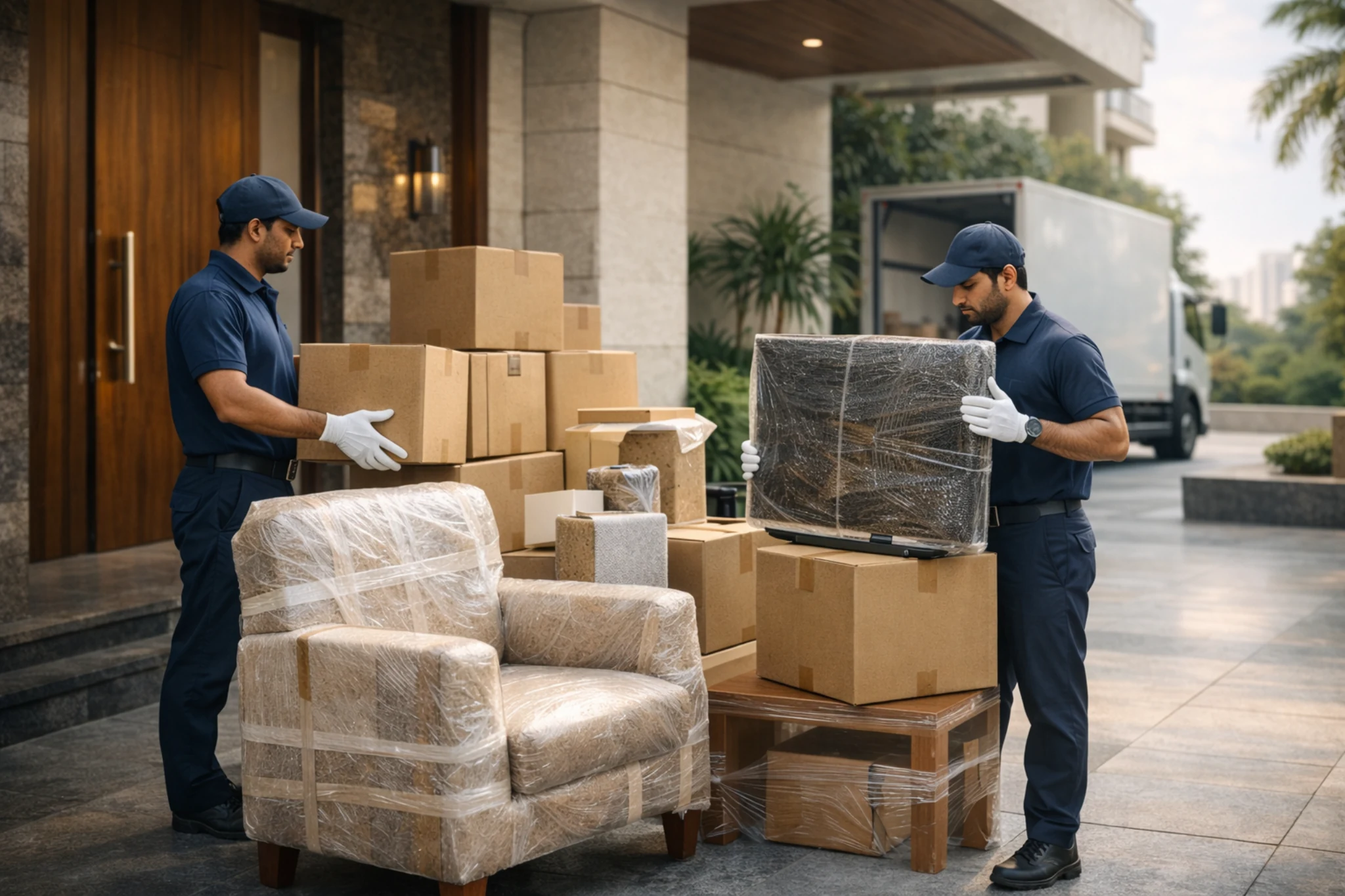 Professional movers handling packed household items for house shifting