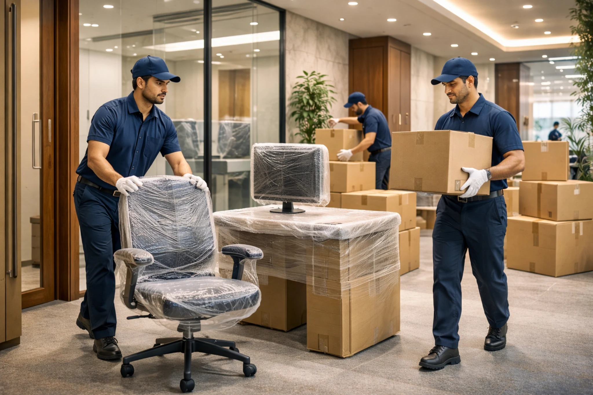 Professional office shifting support with packed workstations and equipment